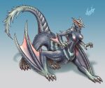  anthro beak blue_body breasts capcom claws dragon fanged_wyvern female flying_wyvern growingdragon membrane_(anatomy) membranous_wings monster_hunter nails nargacuga nipples nude open_mouth pupils scalie slit_pupils solo taur video_games wings yellow_eyes 