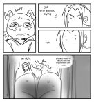  anthro big_butt bodily_fluids butt comic crying dialogue duo english_text female glacierclear hi_res horn human kobold kobold_girl_(glacierclear) male mammal monochrome stuck tears text wide_hips 