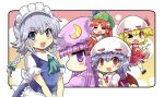  5girls :d ;d =_= apron ascot bangs bat_wings beret blonde_hair blue_eyes blue_hair blunt_bangs braid chibi colonel_aki commentary_request crescent crescent_hat_ornament eyebrows_visible_through_hair flandre_scarlet hair_between_eyes hand_up hat hat_ornament hong_meiling izayoi_sakuya maid maid_apron maid_headdress mob_cap multiple_girls one_eye_closed open_mouth patchouli_knowledge profile purple_eyes purple_hair red_eyes red_hair remilia_scarlet short_hair short_sleeves sidelocks silver_hair smile star_(symbol) star_hat_ornament thumbs_up touhou twin_braids wings |d 