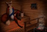  2019 ambiguous_gender anthro biped brown_body brown_fur brown_nose bucket canid canine claws detailed_background digital_media_(artwork) digitigrade eyes_closed fox fur hair hand_on_knee hand_on_leg inside kippycube mammal orange_body orange_fur paws relaxing sauna sitting solo steam towel towel_only white_body white_fur white_hair window 