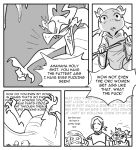  anthro bodily_fluids comic crying crying_laughing dialogue dragon dwarf english_text female glacierclear group hi_res human humanoid kobold kobold_girl_(glacierclear) laugh male mammal monochrome profanity tears text 