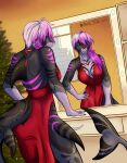  2020 amber_wind anthro black_sclera blue_eyes breasts christmas christmas_tree cleavage clothed clothing digital_media_(artwork) dress female fish grey_body grey_skin hair hand_on_hip hi_res holidays inside looking_at_mirror looking_at_object marine mirror non-mammal_breasts open_mouth pink_hair plant portrait rear_view red_clothing red_dress shark smile solo standing striped_body striped_tail stripes teeth three-quarter_portrait tree 