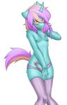  9:14 absurd_res anthro blush chest_tuft clothed clothing equid equine felix_veneer genitals girly hi_res horn horse legwear male mammal panties penis shy slime_drippy solo stockings topless tuft underwear unicorn 