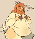  anthro bodily_fluids bovid caprine dialogue embarrassed english_text female floppy_ears goat half-closed_eyes hi_res horn jayboppity mammal narrowed_eyes nude open_mouth overweight overweight_anthro overweight_female short_tail solo sweat sweatdrop text thick_thighs 