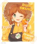  1girl ;d alternate_costume blue_eyes border brown_hair collared_shirt earrings english_text food fruit hat highres holding holding_food holding_fruit jewelry mario_(series) one_eye_closed open_mouth orange orange_nails oxo_xwo princess_daisy shirt smile solo straw_hat tape upper_body white_border yellow_shirt 