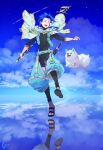  1boy 1other animal asymmetrical_hair blue_hair blue_sky bodysuit_under_clothes braid braided_ponytail capelet child closed_eyes cloud cloudy_sky cu_chulainn_(fate)_(all) dog earrings fate/grand_order fate/grand_order_arcade fate_(series) holding holding_staff iz_izhara jewelry jumping leg_warmers long_hair long_sleeves open_mouth outdoors puffy_pants puppy reflection sandals scabbard setanta_(fate) sheath shooting_star signature skin_tight sky staff 