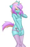  9:14 absurd_res anthro chest_tuft clothed clothing equid equine felix_veneer genitals girly hi_res horn horse legwear male mammal panties penis shy slime_drippy solo stockings topless tuft underwear 