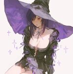  1girl blush breasts cleavage eyebrows_visible_through_hair hat highres huangdanlan jewelry long_hair long_sleeves necklace original purple_hair red_eyes ribbon simple_background solo white_background witch witch_hat 