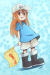  1girl :d artist_name black_footwear blue_background blue_shirt boots brown_eyes flag flat_cap full_body hat hataraku_saibou holding holding_flag long_hair looking_at_viewer open_mouth platelet_(hataraku_saibou) shirt short_sleeves shorts simple_background smile solo specterwhite standing white_headwear 