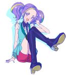 1girl :d absurdres aikatsu!_(series) aikatsu_planet! aqua_jacket black_footwear blonde_hair blush boots collared_shirt colored_shadow commentary crossed_legs forehead full_body highres idol jacket knees_up long_hair looking_at_viewer multicolored_hair nail_polish open_mouth purple_hair purple_nails red_shorts ruri_(aikatsu_planet!) shadow shirt shorts simple_background sitting sketch sleeveless smile solo streaked_hair tamaki_ruri thigh_boots thighhighs tomatomagica twintails waving white_background wrist_cuffs 