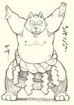  age_difference anthro asian_clothing canid canine canis chubby_anthro chubby_male clothing east_asian_clothing feet garouzuki japanese_clothing male mammal mawashi older_male raised_hand solo sumo text wolf 