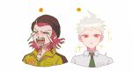  2boys :&lt; ahoge akiko_141 bangs beanie black_headwear braid collared_shirt commentary cropped_shoulders crying danganronpa_(series) danganronpa_2:_goodbye_despair earrings emoji hat highres hinata_hajime hinata_hajime_(awakened) jewelry jumpsuit looking_at_viewer male_focus multiple_boys necktie open_mouth pink_hair red_eyes sharp_teeth shiny shiny_hair shirt side_braid simple_background souda_kazuichi sparkle spoilers teeth white_hair 