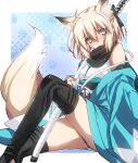  1girl ahoge akatsuki_(ggsy7885) animal_ears artist_name bangs bare_shoulders black_bow black_legwear black_scarf blonde_hair blush bow breasts closed_mouth eyebrows_visible_through_hair fate/grand_order fate_(series) grey_eyes hair_between_eyes hair_bow hair_strand hand_up haori highres holding holding_sword holding_weapon japanese_clothes katana kimono knee_up koha-ace long_sleeves looking_at_viewer medium_breasts medium_hair messy_hair obi okita_souji_(fate) okita_souji_(fate)_(all) open_clothes sash scarf sidelocks sitting sleeveless sleeveless_kimono solo stirrup_legwear sword tail thighhighs thighs toeless_legwear weapon white_kimono 