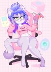  absurd_res acstlu anthro blush clothing controller felid feline female game_boy game_boy_family game_controller gamecube gaming_chair green_eyes hair hi_res japanese_text looking_at_viewer mammal nintendo no_pants panties pink_clothing pink_nose smile solo tamagotchi text thick_thighs underwear video_games wide_hips 