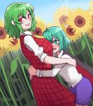  2girls antennae ascot black_cape blue_shorts blush breasts cape collared_shirt embarrassed eyebrows_visible_through_hair flower green_eyes green_hair hair_between_eyes highres hug insect_girl kazami_yuuka long_sleeves looking_at_viewer mata_(matasoup) medium_hair multiple_girls open_clothes open_mouth open_vest plaid plaid_skirt plaid_vest red_cape red_eyes red_skirt red_vest shirt short_hair shorts size_difference skirt skirt_set sleeves_rolled_up slit_pupils smile standing sunflower sunlight sweatdrop touhou two-tone_cape vest white_shirt wriggle_nightbug yellow_neckwear 