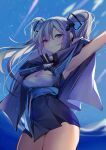  1girl absurdres arm_up armpits azur_lane bangs black_dress blue_cloak blue_eyes blue_sky blush breasts cleavage cloak cowboy_shot dress eyebrows_visible_through_hair grey_hair hair_between_eyes high_collar highres intrepid_(azur_lane) large_breasts long_hair looking_at_viewer parted_lips shiro_kanae short_dress sidelocks sky solo standing strap strapless strapless_dress twintails very_long_hair 
