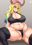  1girl absurdres artist_name ass_visible_through_thighs bare_shoulders belly black_legwear blonde_hair blush breasts cameltoe cleavage cleft_of_venus covered_nipples curvy dragon_horns gradient_hair green_hair grey_background heterochromia highres horns huge_breasts jmg kobayashi-san_chi_no_maidragon looking_at_viewer multicolored_hair naughty_face navel plump quetzalcoatl_(maidragon) signature simple_background sitting skindentation solo spread_legs thick_thighs thighhighs thighs tongue tongue_out 