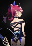  1girl absurdres ass bare_shoulders black_background black_choker black_nails choker cowboy_shot from_behind highres horns kojioo long_hair looking_at_viewer looking_back nail_polish off_shoulder original pointy_ears profile purple_hair red_eyes simple_background solo standing tail twintails 