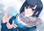  1girl amamiya_chiharu black_hair blue_eyes medium_hair original sailor_collar scarf school_uniform serafuku smile snow snowflakes solo winter_clothes 