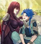  1boy 1girl armor blue_hair bodysuit braid breasts cheek_pinching cu_chulainn_(fate)_(all) earrings eye_contact eyebrows_visible_through_hair fangs fate/grand_order fate/grand_order_arcade fate_(series) hair_between_eyes highres holding holding_spear holding_weapon jewelry kernel_killer large_breasts long_hair looking_at_another one_eye_closed open_mouth outdoors pauldrons pinching polearm ponytail puffy_pants purple_bodysuit purple_hair red_eyes revision scathach_(fate)_(all) scathach_(fate/grand_order) setanta_(fate) shoulder_armor single_braid sitting skin_tight spear spread_legs straight_hair very_long_hair weapon 