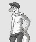  abs anthro barely_visible_genitalia biped claws clothed clothing genitals hat headgear headwear lawyerdog male monochrome navel pecs penis reptile scalie scarf snake solo thick_tail topless topless_male undressing 