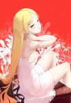  1girl absurdres arm_support bakemonogatari bangs bare_shoulders blonde_hair breasts colored_eyelashes dress flower ha_kang highres kizumonogatari long_hair looking_at_viewer looking_back monogatari_(series) oshino_shinobu parted_bangs pointy_ears short_dress sitting small_breasts solo strap_slip very_long_hair white_dress yellow_eyes 