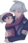  2boys arm_around_shoulder armlet bangs beanie black_jacket brendan_(pokemon) carrying closed_mouth collared_shirt commentary_request expressionless eye_contact grey_eyes grey_hair grey_headwear hat jacket jewelry long_sleeves looking_at_another male_focus multiple_boys oshi_taberu pokemon pokemon_adventures purple_neckwear red_eyes red_jacket ring shirt spiked_hair steven_stone sweatdrop white_background 