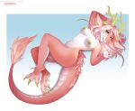  anthro antlers asian_mythology breasts claws digital_media_(artwork) dragon east_asian_mythology eastern eastern_dragon female hair hi_res horn kassiradragon looking_at_viewer mythology nipples nude open_mouth pink_body pink_hair sashunya scalie simple_background smile solo whiskers 