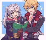  1boy 1girl blonde_hair blue_eyes book cape fire_emblem fire_emblem_awakening gloves highres jacket kiriya_(552260) long_hair manakete open_mouth robe robin_(fire_emblem) robin_(fire_emblem)_(female) short_hair shulk_(xenoblade) simple_background smile super_smash_bros. twintails white_hair xenoblade_chronicles xenoblade_chronicles:_future_connected xenoblade_chronicles_(series) yellow_eyes 