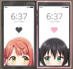  2girls bangs black_hair blush braid cellphone cellphone_picture commentary deadnooodles green_eyes heart iphone looking_at_another looking_at_viewer love_live! love_live!_nijigasaki_high_school_idol_club multiple_girls phone phone_screen screen shiny shiny_hair short_hair sideways_glance smartphone symbol_commentary takasaki_yuu translation_request uehara_ayumu white_background 