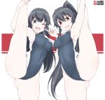  2girls agano_(kantai_collection) anchor_symbol black_hair black_swimsuit character_name clothes_writing eyebrows_visible_through_hair green_eyes hair_between_eyes kantai_collection long_hair multiple_girls one-piece_swimsuit one_eye_closed open_mouth ponytail red_eyes shigino_sohuzi smile swimsuit v yahagi_(kantai_collection) 