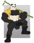  2021 abs absurd_res anthro balls bamboo barazoku beastars big_muscles black_sclera boots border bottomless clothed clothing erection footwear genitals giant_panda gouhin grey_background hi_res humanoid_genitalia humanoid_penis louftr male mammal muscular muscular_anthro muscular_male navel nipples open_clothing open_shirt open_topwear pecs penis pubes quads scar shirt simple_background smile solo standing topwear ursid white_border 