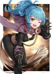  1girl ;d artist_name ass belt bent_over black_bodysuit black_gloves blue_eyes blurry blurry_background bodysuit border braid breasts cape cleavage copyright_name depth_of_field elbow_gloves fire_emblem fire_emblem_heroes gloves gonzarez hand_on_own_knee highres long_hair looking_at_viewer medium_breasts number one_eye_closed open_mouth outside_border ponytail purple_cape reginn_(fire_emblem) smile solo white_border yellow_eyes 