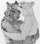  anthro breasts claws duo eyes_closed felid female female/female grey_background greyscale hi_res hug lion mammal markings monochrome nude pantherine rubbing_against shanikafaceless simple_background stripes tiger whiskers 