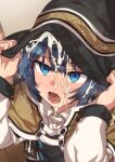  1girl bangs blue_eyes blue_hair blush cum cum_on_clothes cum_on_hair erere eyebrows_visible_through_hair facial hair_between_eyes hat holding holding_clothes holding_hat long_hair long_sleeves mushoku_tensei open_mouth roxy_migurdia simple_background solo steam tearing_up tears tongue witch_hat 