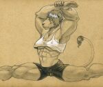  abs anthro biceps bottomwear breasts camel_toe clothing crop_top felid female hair hands_over_head leg_splits lion mammal muscular muscular_anthro muscular_female nipple_outline pantherine rochelle_barnette shirt short_hair shorts solo tail_tuft topwear tuft tush 