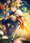  1girl armor artoria_pendragon_(all) artoria_pendragon_(swimsuit_ruler)_(fate) bangs blonde_hair blue_sky braid breasts cape cleavage closed_mouth cloud covered_navel crown eyebrows_visible_through_hair fate_(series) french_braid fur-trimmed_cape fur_trim gauntlets green_eyes lance large_breasts long_hair outdoors polearm red_cape sidelocks sky solo unowen weapon 