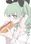  1girl absurdres anchovy_(girls_und_panzer) bangs blush bread breasts brown_eyes cleavage collarbone collared_shirt dorontabi eating eyebrows_visible_through_hair food from_side girls_und_panzer green_hair hair_between_eyes hair_ribbon highres hot_dog ketchup large_breasts long_hair open_clothes open_shirt ribbon shirt twintails 