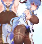  1girl armpits bell black_gloves blue_hair blush bodysuit_under_clothes breasts brown_bodysuit cowbell detached_sleeves ganyu_(genshin_impact) genshin_impact gloves goat_horns horns jtveemo large_breasts long_hair pink_eyes solo sweat 
