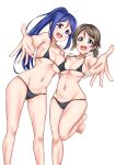  2girls absurdres aqua_eyes asymmetrical_docking bikini black_bikini blue_hair breast_grab breast_press breasts cleavage collarbone grabbing grey_hair happy highres kotokoto_(jumon) long_hair love_live! love_live!_sunshine!! matsuura_kanan medium_breasts multiple_girls navel open_mouth outstretched_arms outstretched_hand ponytail purple_eyes short_hair simple_background skindentation swimsuit teeth watanabe_you white_background 
