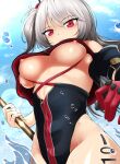  1girl azur_lane bangs bare_shoulders black_sleeves black_swimsuit blue_sky breasts cloud commentary_request covered_navel cowboy_shot day detached_sleeves downblouse eyebrows_visible_through_hair from_below gloves grey_hair groin hair_between_eyes hajime_(wkpz8247) holding holding_staff holding_weapon jewelry lens_flare long_hair looking_at_viewer medium_breasts mole mole_under_eye nipple_slip nipples number_tattoo one_side_up open_mouth red_eyes red_gloves sidelocks single_earring sky solo staff standing swimsuit tattoo thigh_tattoo u-410_(azur_lane) underboob water_drop waves weapon zipper_pull_tab 