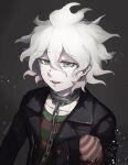  1boy artist_name bangs black_jacket chain collar collarbone commentary_request danganronpa_(series) danganronpa_another_episode:_ultra_despair_girls grey_background grey_hair hair_between_eyes highres jacket komaeda_nagito looking_at_viewer male_focus messy_hair metal_collar mittens official_alternate_costume open_clothes open_jacket open_mouth pale_skin shirt smile solo spiked_collar spikes striped striped_shirt tetose upper_body upper_teeth white_hair 