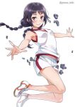  1girl awatsuki_maaya black_hair braid commentary_request full_body gym_uniform isshi_pyuma jumping long_hair looking_at_viewer low_twin_braids low_twintails outstretched_arms shirt shorts simple_background sleeveless sleeveless_shirt solo toaru_kagaku_no_railgun toaru_majutsu_no_index twin_braids twintails white_background white_footwear white_shirt white_shorts 