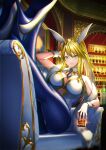  1girl alcohol animal_ears artoria_pendragon_(all) artoria_pendragon_(swimsuit_ruler)_(fate) bangs bare_shoulders blonde_hair blue_legwear blue_neckwear braid breasts bunny_ears card cleavage commentary_request cup detached_collar drinking_glass fate_(series) feather_boa fishnet_legwear fishnets french_braid green_eyes high_heels highleg highleg_leotard holding holding_cup indoors large_breasts leotard long_hair looking_at_viewer necktie pantyhose playboy_bunny ponytail sidelocks sitting thighs unowen white_leotard wrist_cuffs 