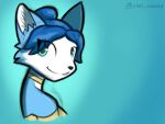  4:3 anthro blue_body blue_eyes blue_fur blue_hair canid canine clothed clothing eyeball6300_(chiv) female fox fur hair hair_bun headshot_portrait hi_res krystal mammal nintendo portrait simple_background smile solo star_fox video_games 