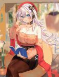  1girl azur_lane bangs bare_shoulders belfast_(azur_lane) belfast_(shopping_with_the_head_maid)_(azur_lane) beret black_bow black_choker black_skirt blue_eyes book bow breasts brown_legwear brown_sweater choker cleavage commentary feet_out_of_frame hair_between_eyes hair_bow hand_in_hair hand_up hat highres holding holding_book jinbei_(user_tpny4757) large_breasts long_hair long_sleeves looking_at_viewer miniskirt off-shoulder_sweater off_shoulder pantyhose pencil_skirt red_headwear shawl silver_hair sitting skirt solo sweater thighs 