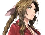  1girl aerith_gainsborough bangs bolo_tie bow braid braided_ponytail brown_hair enami_katsumi final_fantasy final_fantasy_vii final_fantasy_vii_remake green_eyes jacket looking_to_the_side parted_bangs parted_lips pink_bow red_jacket simple_background solo 