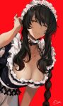  1girl apron bangs black_hair braid breasts choker cleavage commentary_request frilled_choker frills grin hair_between_eyes highres hirai_yuzuki large_breasts leaning_forward long_braid long_hair maid maid_apron maid_headdress original red_background sidelocks smile solo very_long_hair yellow_eyes 