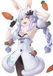  1girl :d absurdres animal_ears armpits arms_up bare_shoulders black_gloves black_leotard blue_hair braid breasts brown_legwear bunny_ears bunny_girl bunny_tail carrot carrot_hair_ornament coat cowboy_shot detached_sleeves extra_ears food_themed_hair_ornament fur_collar fur_trim gloves hair_ornament highres hololive leotard long_hair looking_at_viewer open_mouth orange_eyes pantyhose short_sleeves sidelocks slrspdlv small_breasts smile solo standing strapless strapless_leotard tail thick_eyebrows twin_braids twintails usada_pekora v-shaped_eyebrows virtual_youtuber white_background white_coat 
