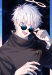  1boy bangs black_jacket blue_eyes eyelashes gakuran gojou_satoru hand_up high_collar highres infinity jacket jujutsu_kaisen long_sleeves looking_at_viewer male_focus michi_(iawei) open_mouth round_eyewear school_uniform short_hair smile solo sunglasses tongue tongue_out upper_body white_hair 